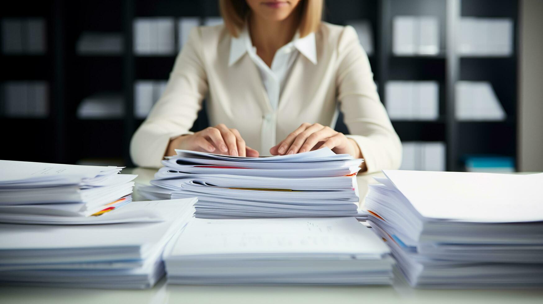 businesswoman-working-in-stacks-of-paper-files-ai-generative-free-photo businesswoman-working-in-stacks-of-paper-files-ai-generative-free-photo